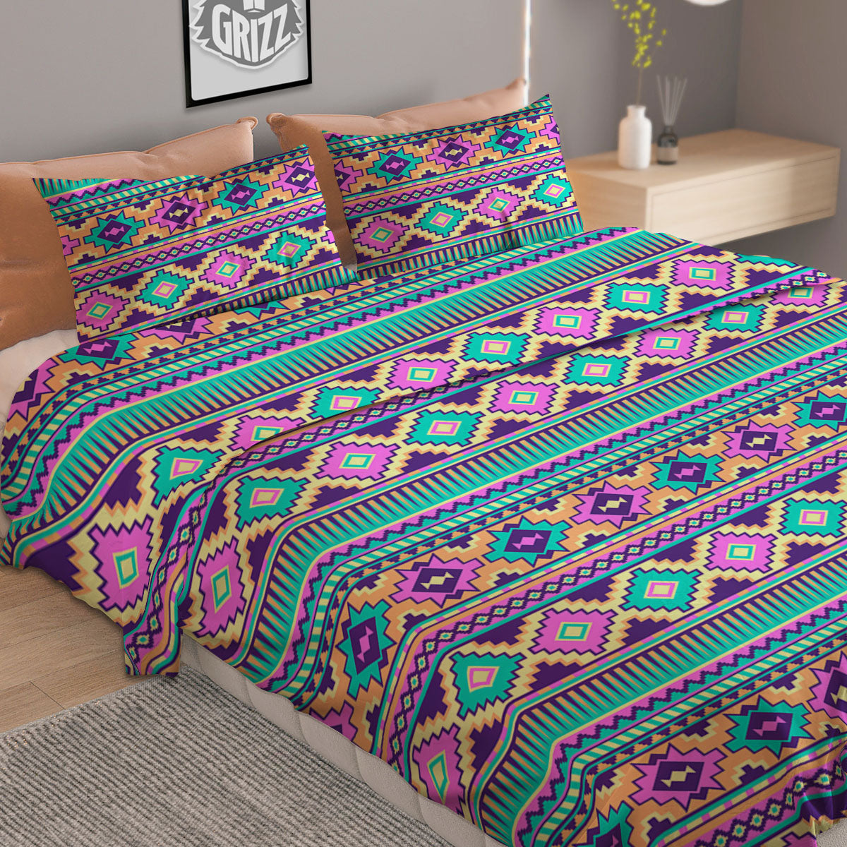 Aztec Neon Native Print Pattern Duvet Cover Bedding Set