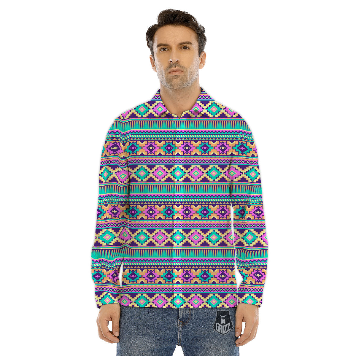 Aztec Neon Native Print Pattern Men's Dress Shirts-grizzshop