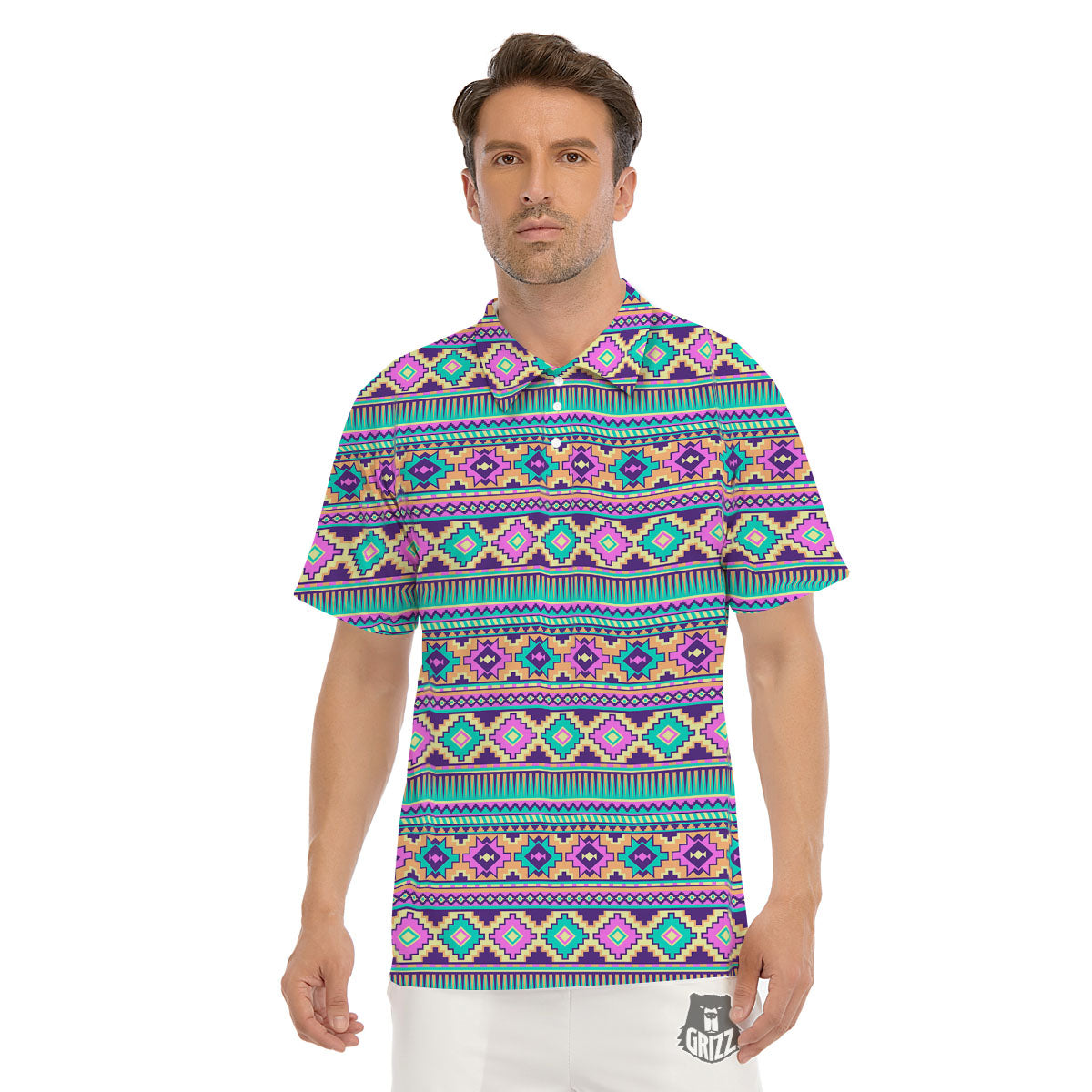 Aztec Neon Native Print Pattern Men's Golf Shirts-grizzshop