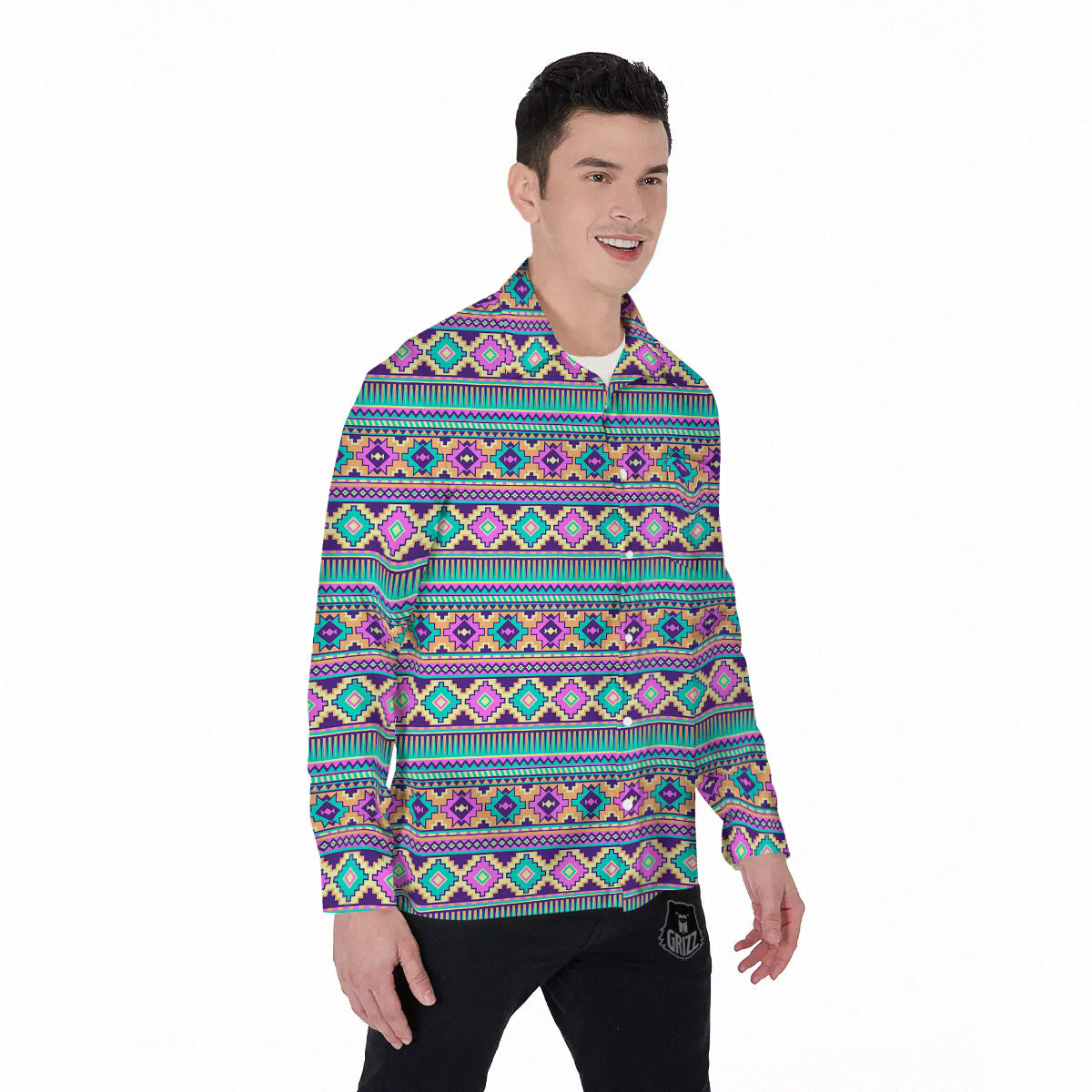 Aztec Neon Native Print Pattern Men's Long Sleeve Shirts-grizzshop