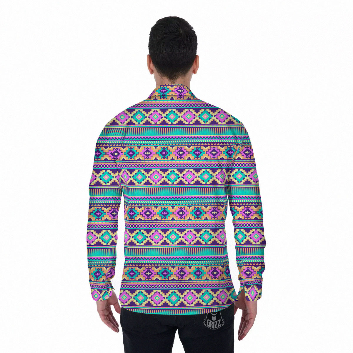 Aztec Neon Native Print Pattern Men's Long Sleeve Shirts-grizzshop