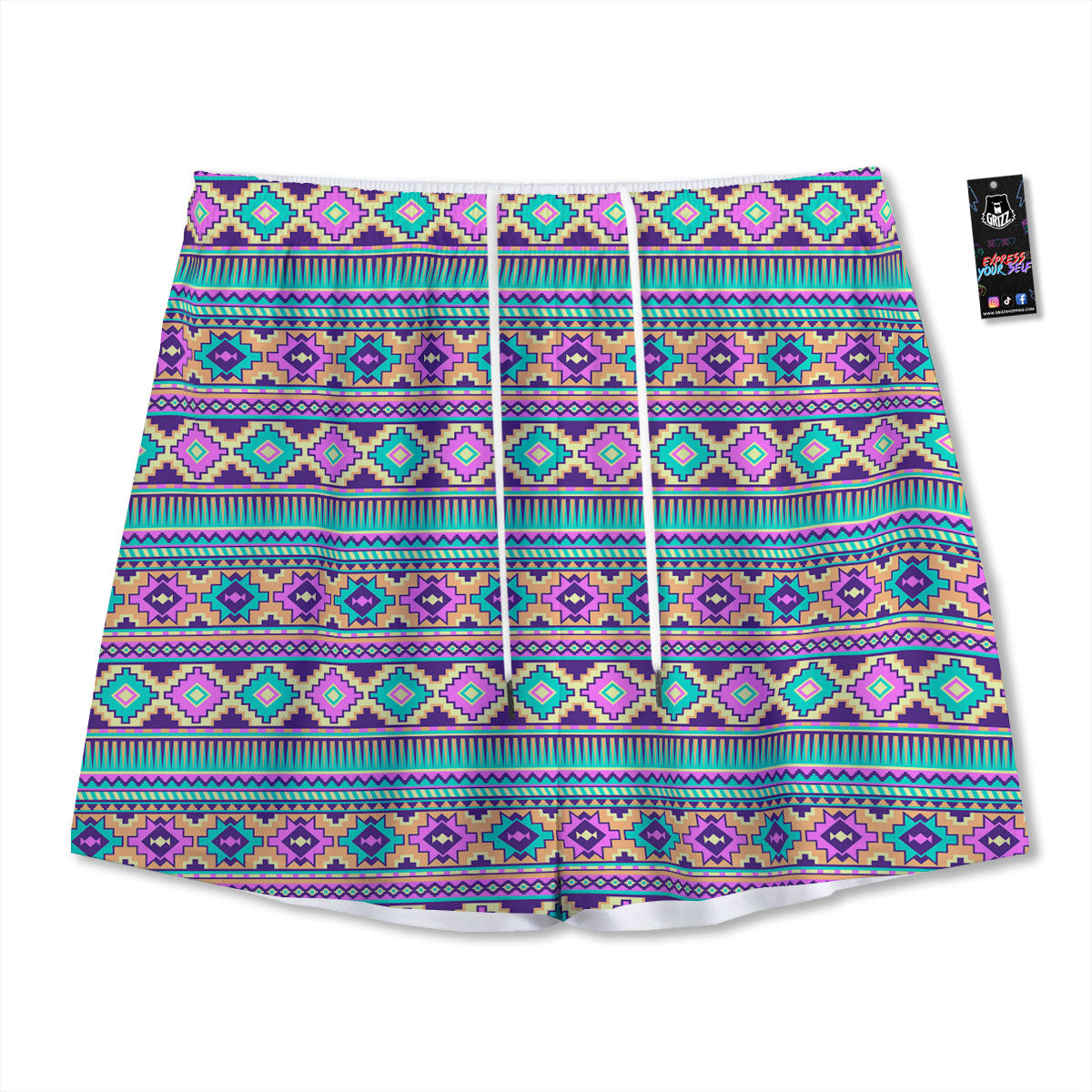 Aztec Neon Native Print Pattern Mesh Shorts