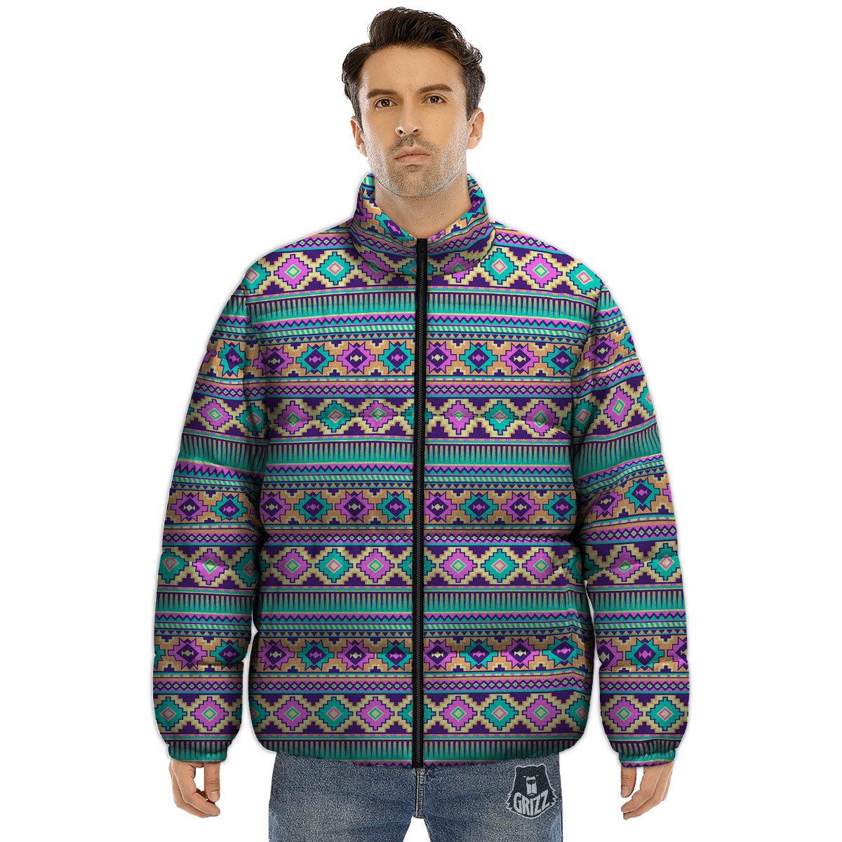 Aztec Neon Native Print Pattern Puffer Jacket-grizzshop