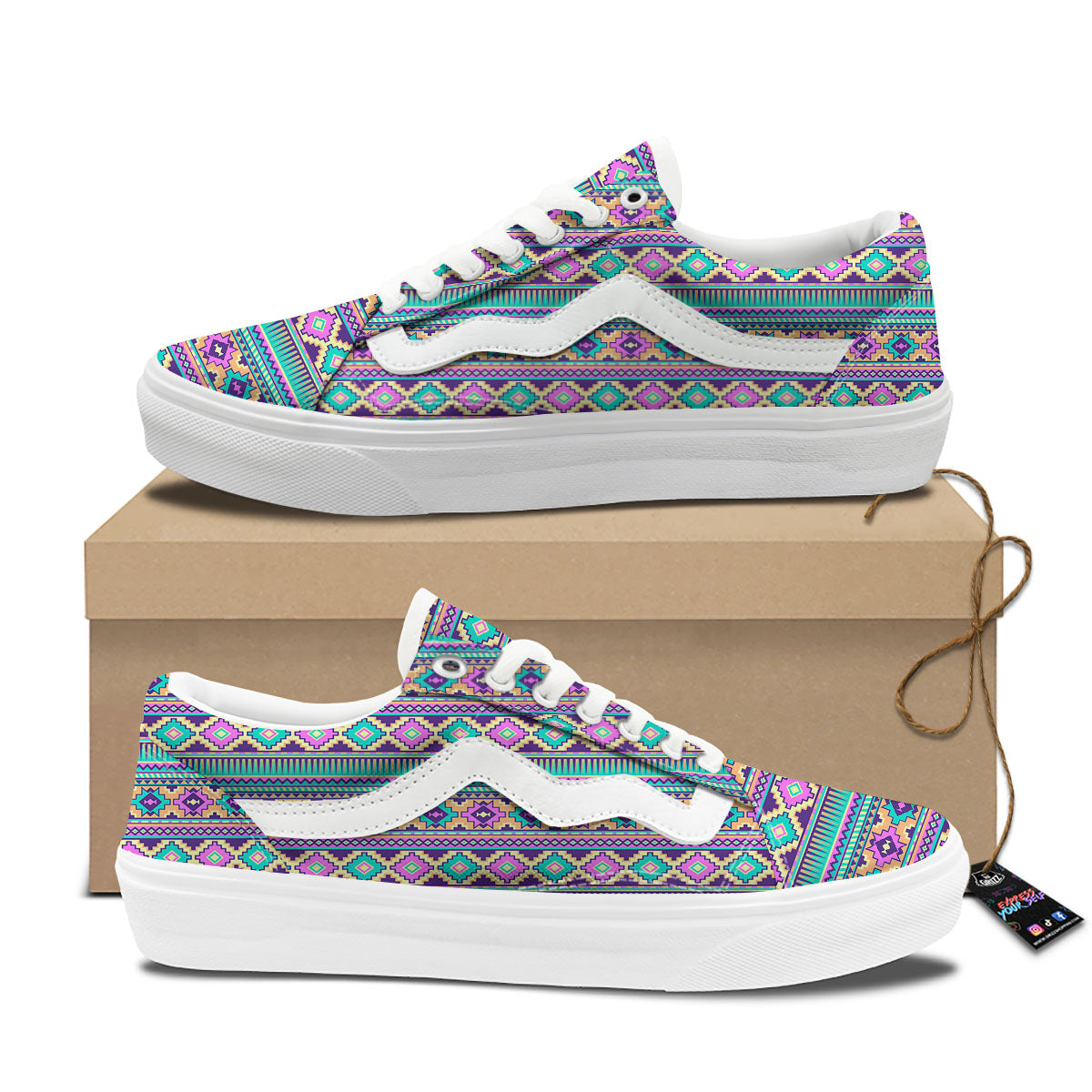 Aztec Neon Native Print Pattern Skate Shoes-grizzshop