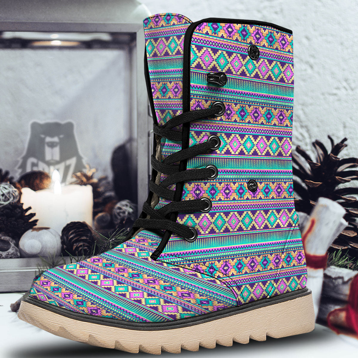 Aztec Neon Native Print Pattern Snow Boots-grizzshop
