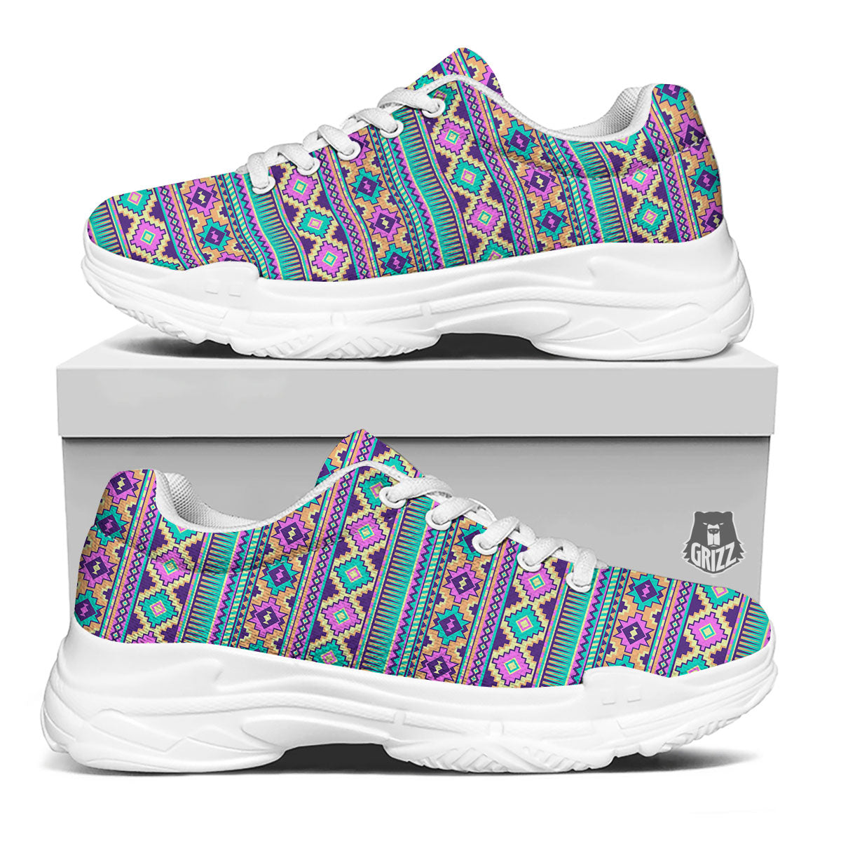Aztec Neon Native Print Pattern White Chunky Shoes-grizzshop