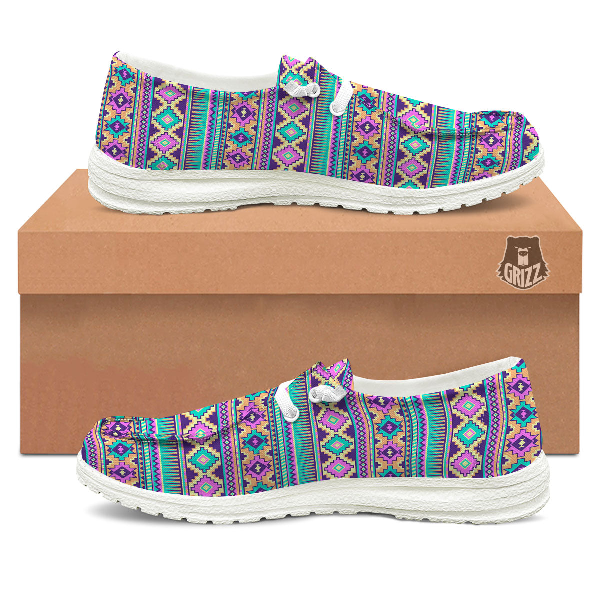 Aztec Neon Native Print Pattern White Loafers-grizzshop
