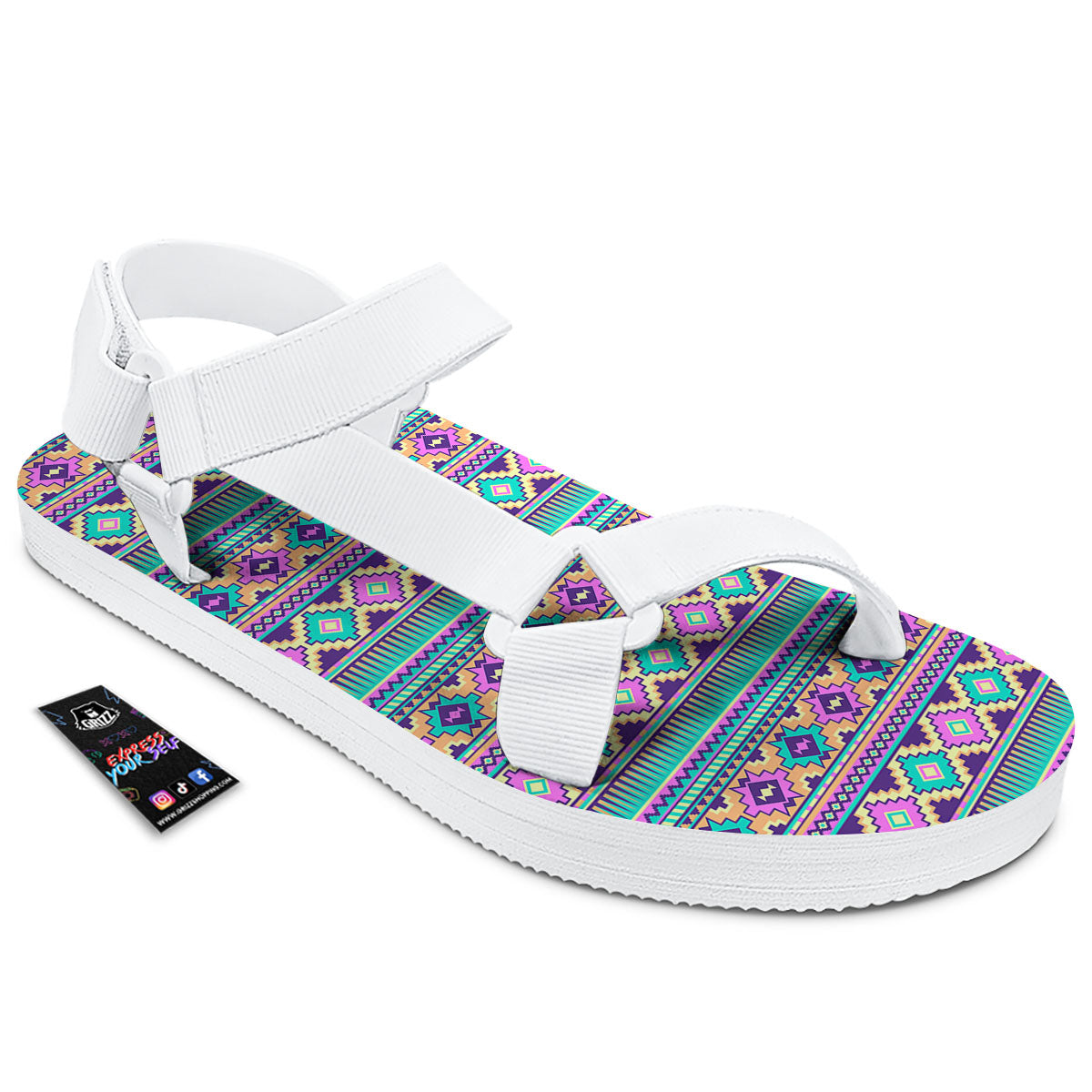 Aztec Neon Native Print Pattern White Open Toe Sandals-grizzshop