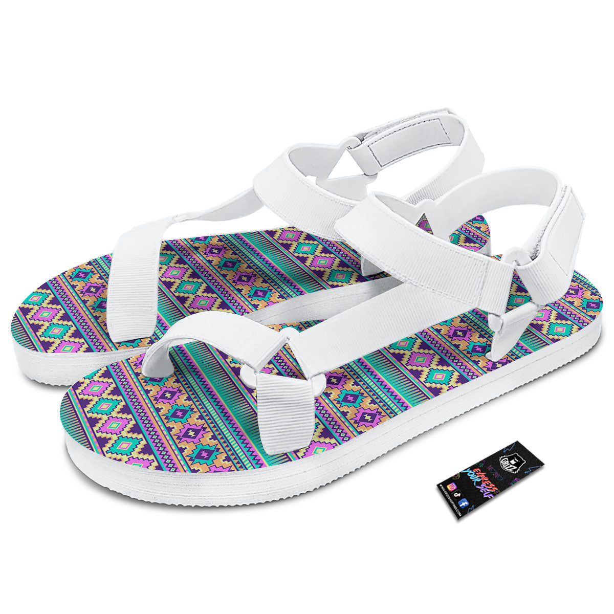 Aztec Neon Native Print Pattern White Open Toe Sandals-grizzshop