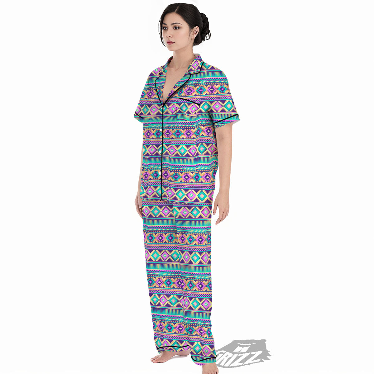 Aztec Neon Native Print Pattern Women's Pajamas Set-grizzshop