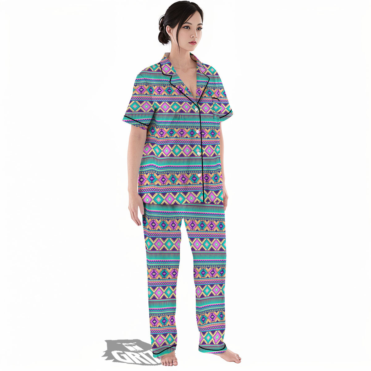 Aztec Neon Native Print Pattern Women's Pajamas Set-grizzshop