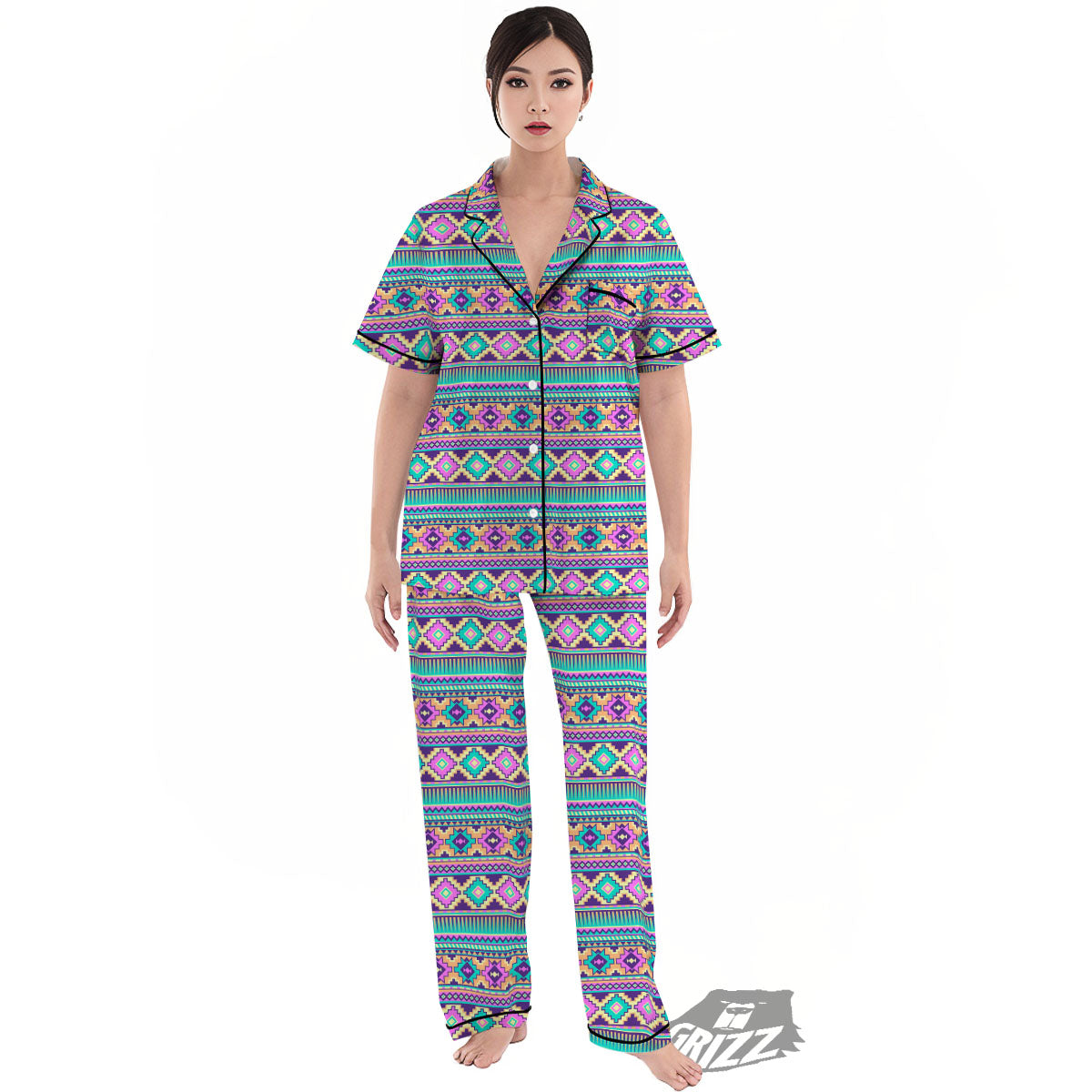 Aztec Neon Native Print Pattern Women's Pajamas Set-grizzshop