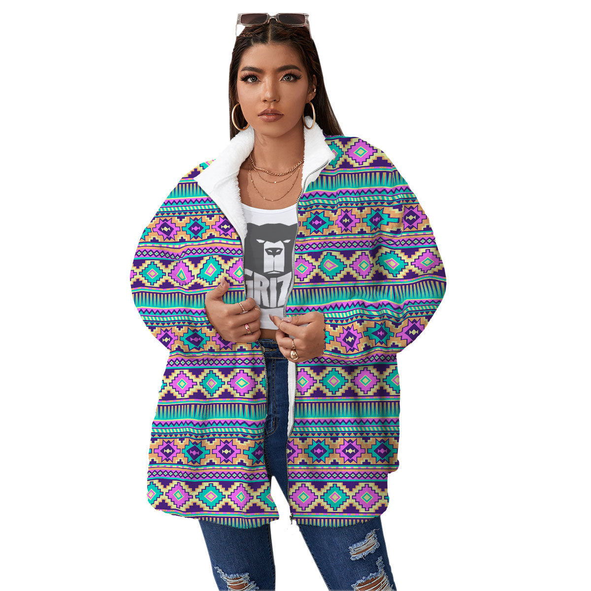 Aztec Neon Native Print Pattern Women's Sherpa Jacket-grizzshop