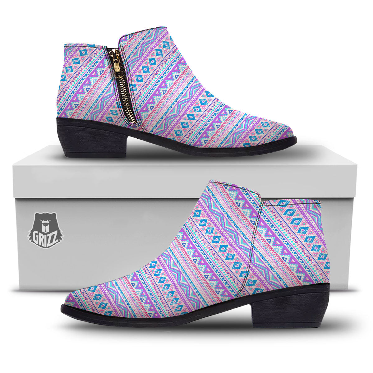 Aztec Pink And Pastel Print Pattern Ankle Boots-grizzshop