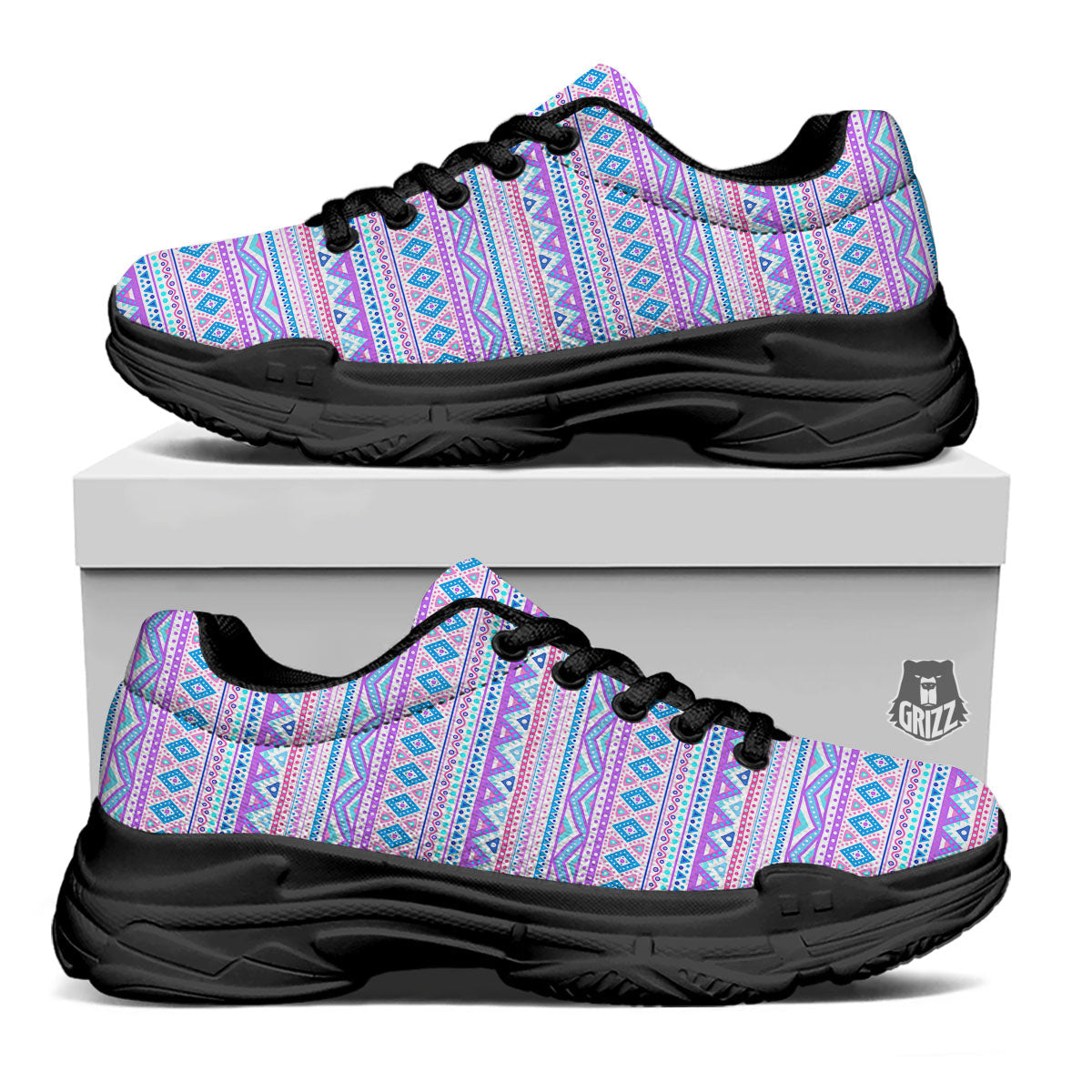 Aztec Pink And Pastel Print Pattern Black Chunky Shoes-grizzshop