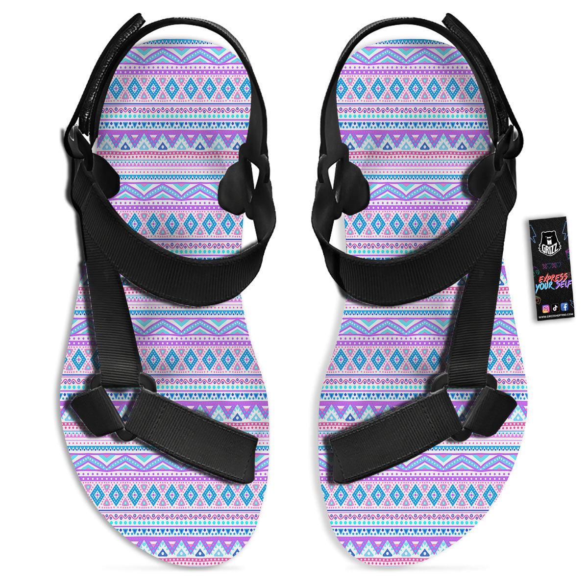 Aztec Pink And Pastel Print Pattern Black Open Toe Sandals-grizzshop