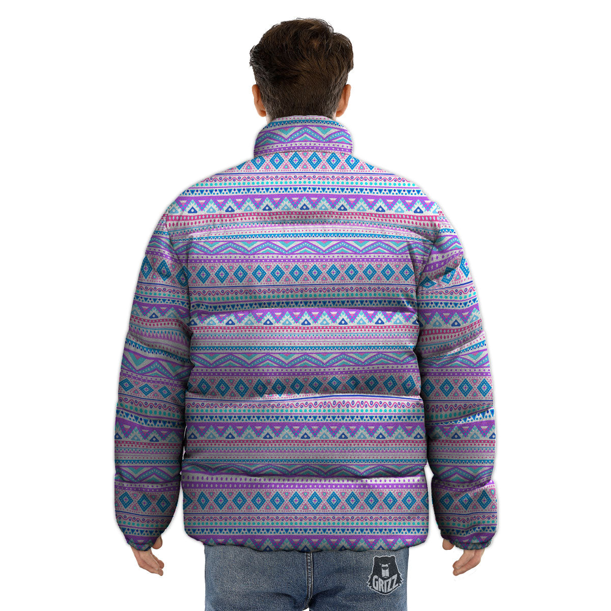 Aztec Pink And Pastel Print Pattern Puffer Jacket-grizzshop