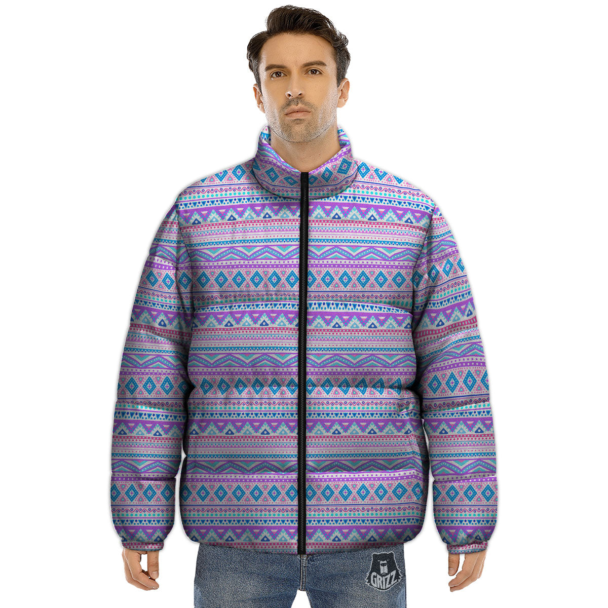 Aztec Pink And Pastel Print Pattern Puffer Jacket-grizzshop