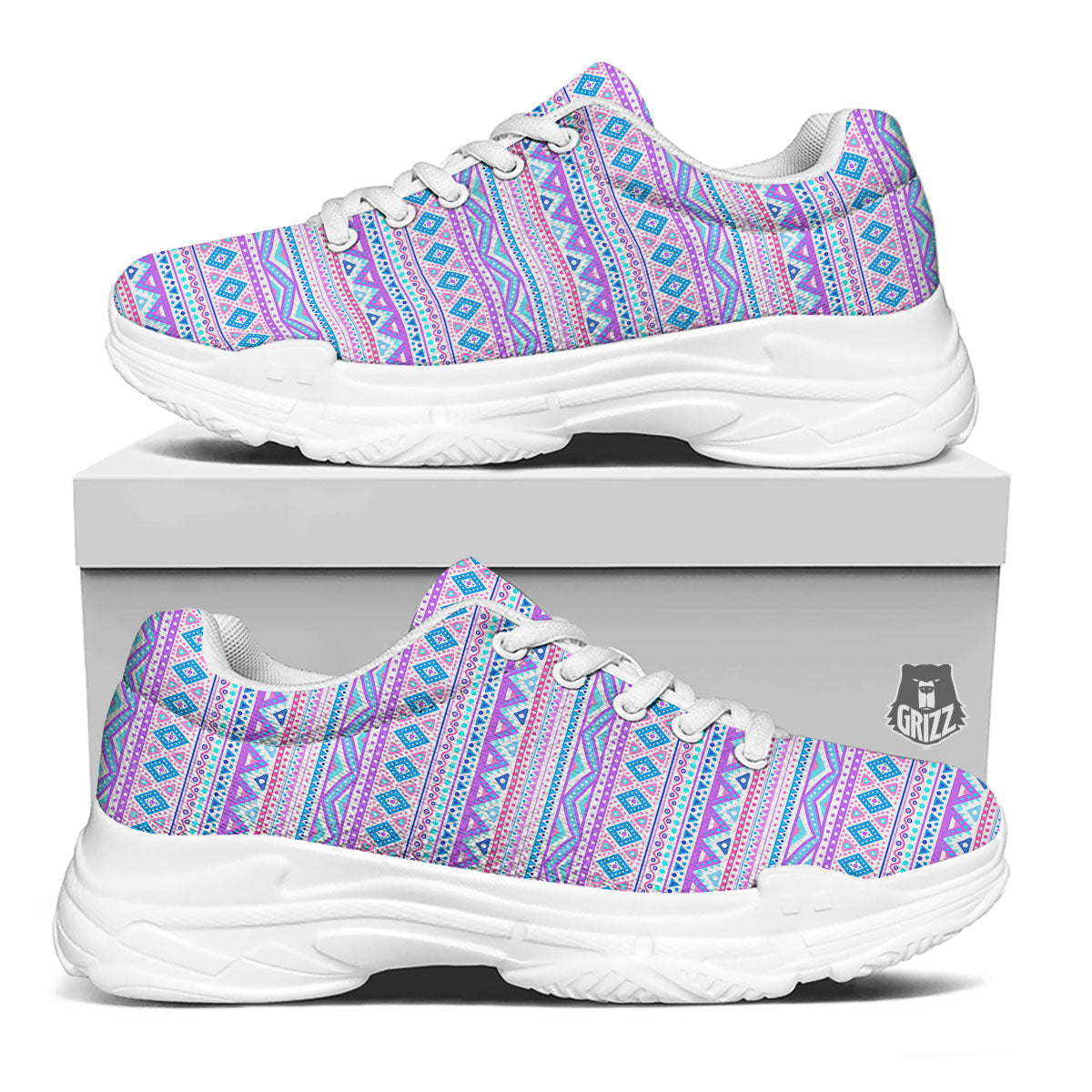 Aztec Pink And Pastel Print Pattern White Chunky Shoes-grizzshop
