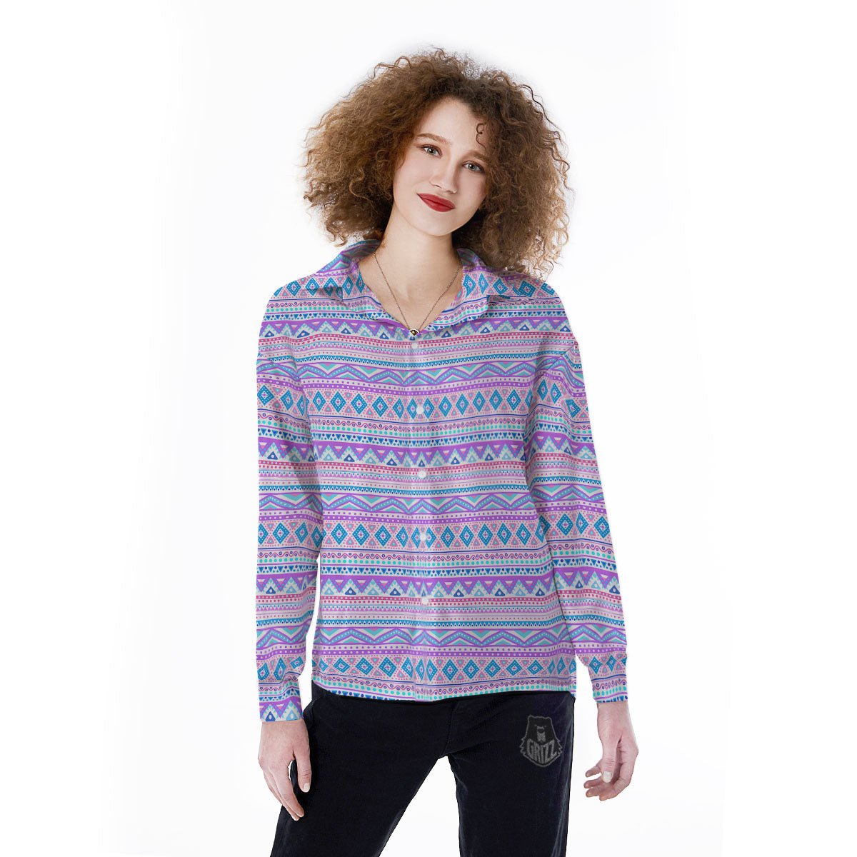 Aztec Pink And Pastel Print Pattern Women's Long Sleeve Shirts-grizzshop