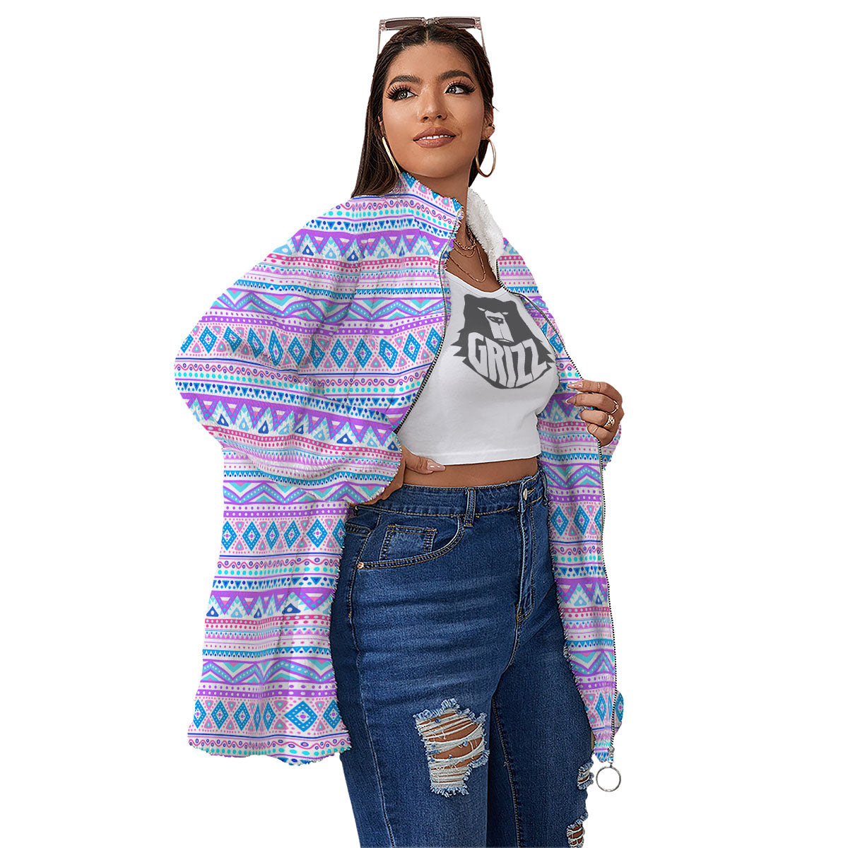 Aztec Pink And Pastel Print Pattern Women's Sherpa Jacket-grizzshop
