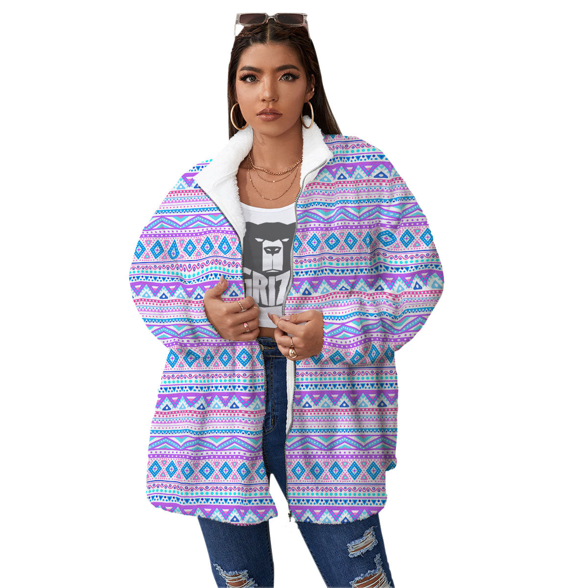 Aztec Pink And Pastel Print Pattern Women's Sherpa Jacket-grizzshop