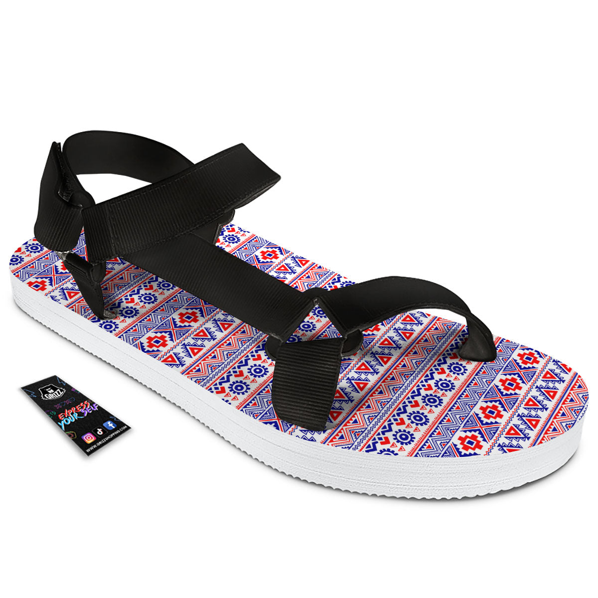 Aztec Red And Blue Print Pattern Black Open Toe Sandals-grizzshop