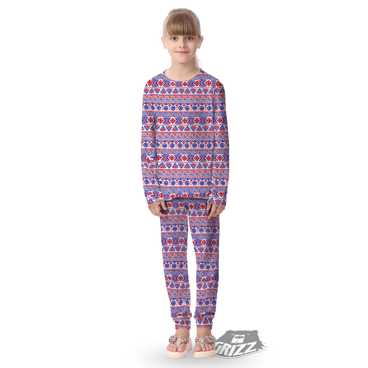 Aztec Red And Blue Print Pattern Kid's Pajamas-grizzshop