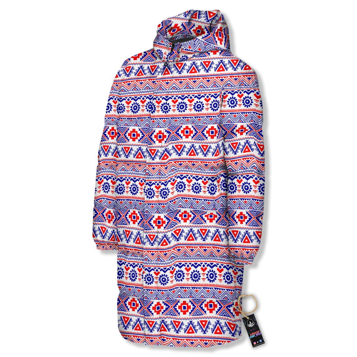 Aztec Red And Blue Print Pattern Long Down Jacket-grizzshop