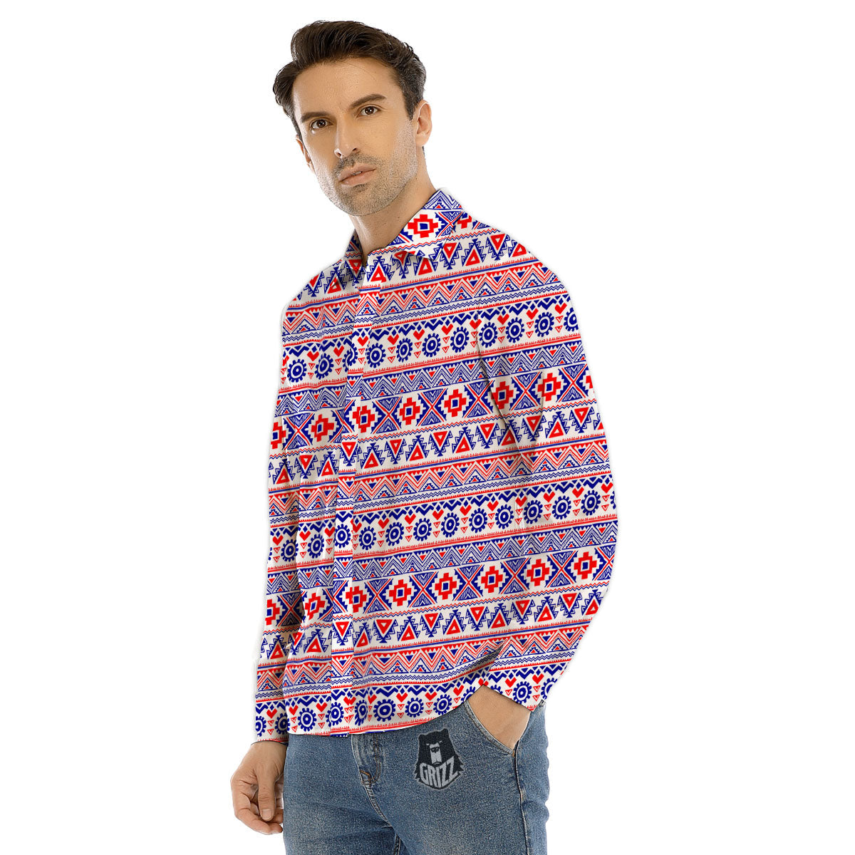 Aztec Red And Blue Print Pattern Men's Dress Shirts-grizzshop