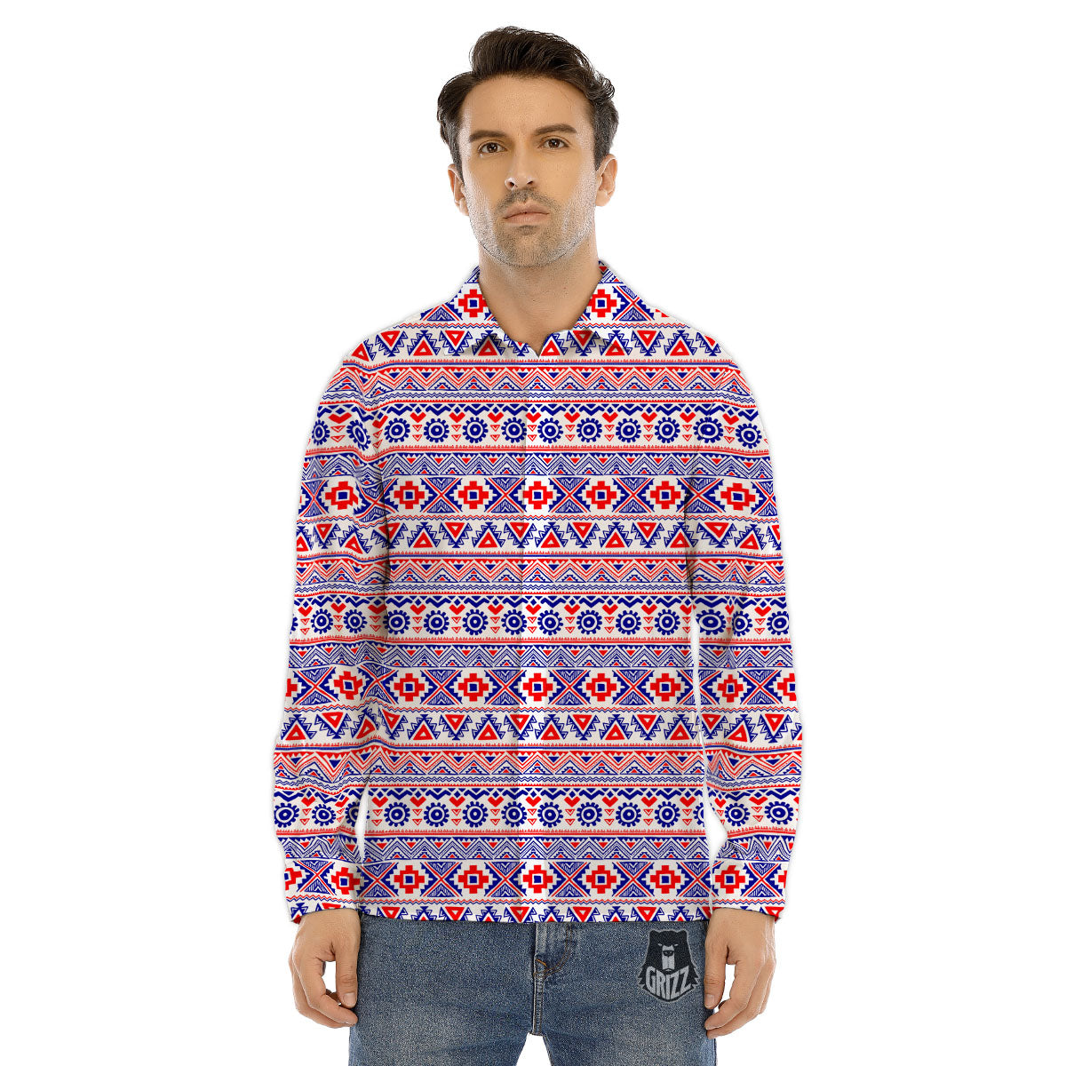 Aztec Red And Blue Print Pattern Men's Dress Shirts-grizzshop