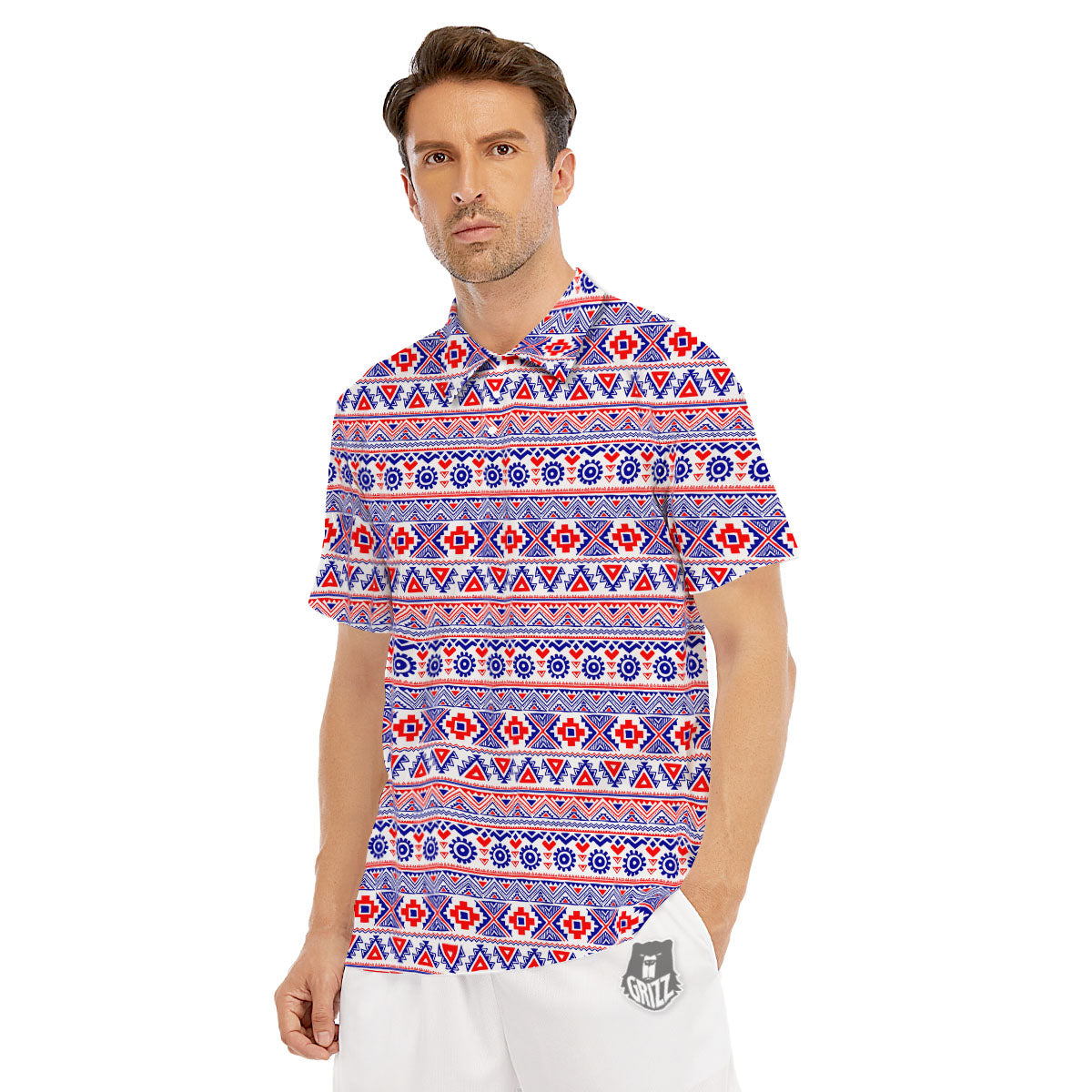 Aztec Red And Blue Print Pattern Men's Golf Shirts-grizzshop