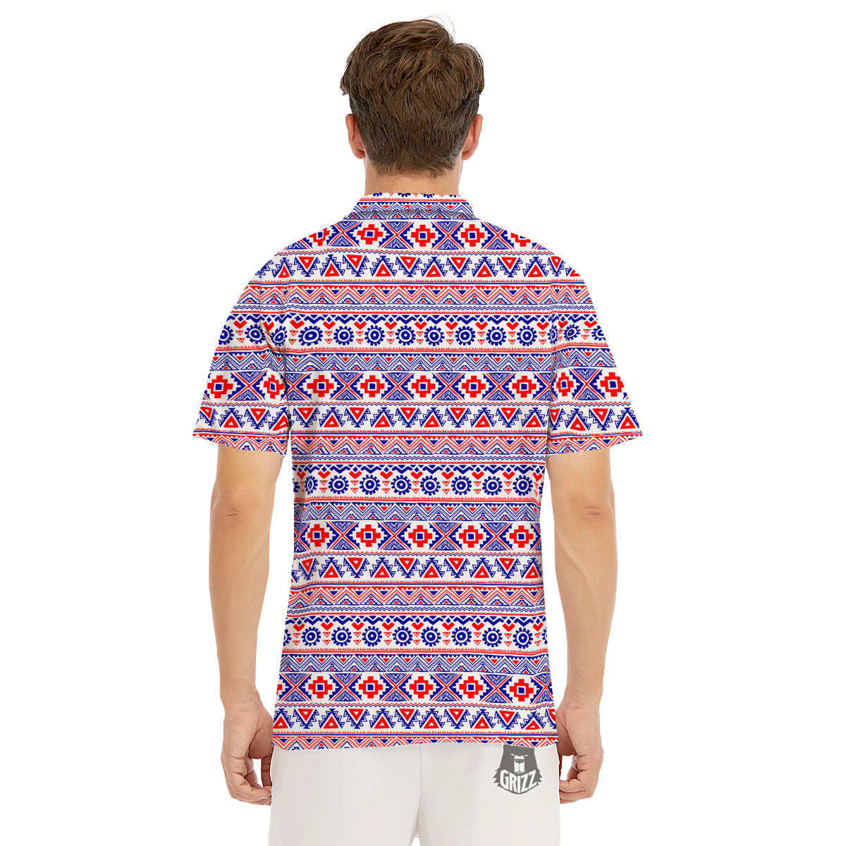 Aztec Red And Blue Print Pattern Men's Golf Shirts-grizzshop