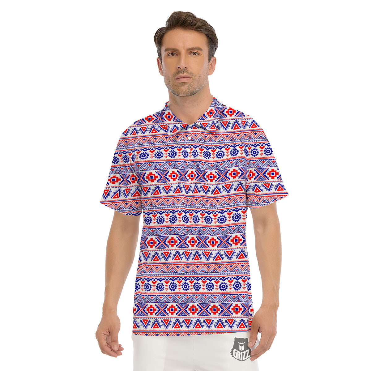 Aztec Red And Blue Print Pattern Men's Golf Shirts-grizzshop