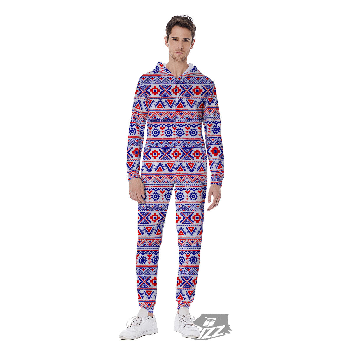 Aztec Red And Blue Print Pattern Men's Jumpsuit-grizzshop