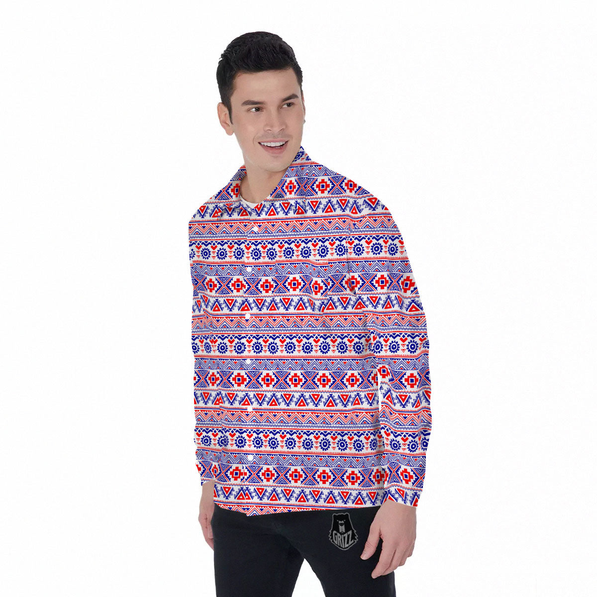 Aztec Red And Blue Print Pattern Men's Long Sleeve Shirts-grizzshop