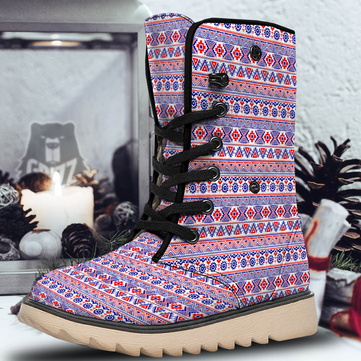 Aztec Red And Blue Print Pattern Snow Boots-grizzshop