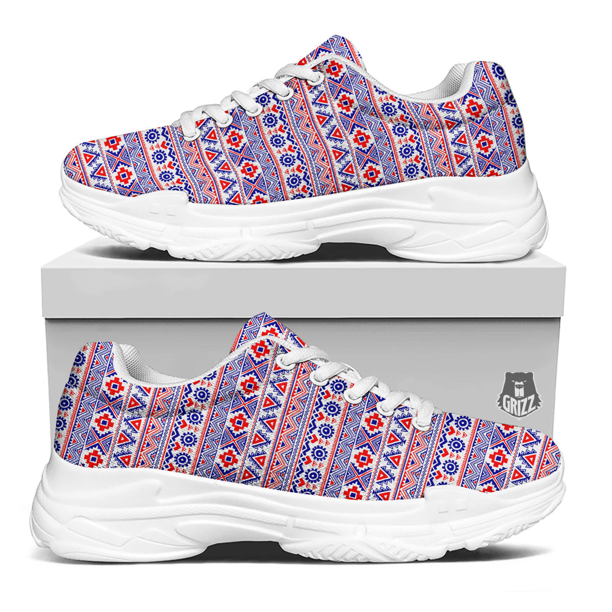 Aztec Red And Blue Print Pattern White Chunky Shoes-grizzshop