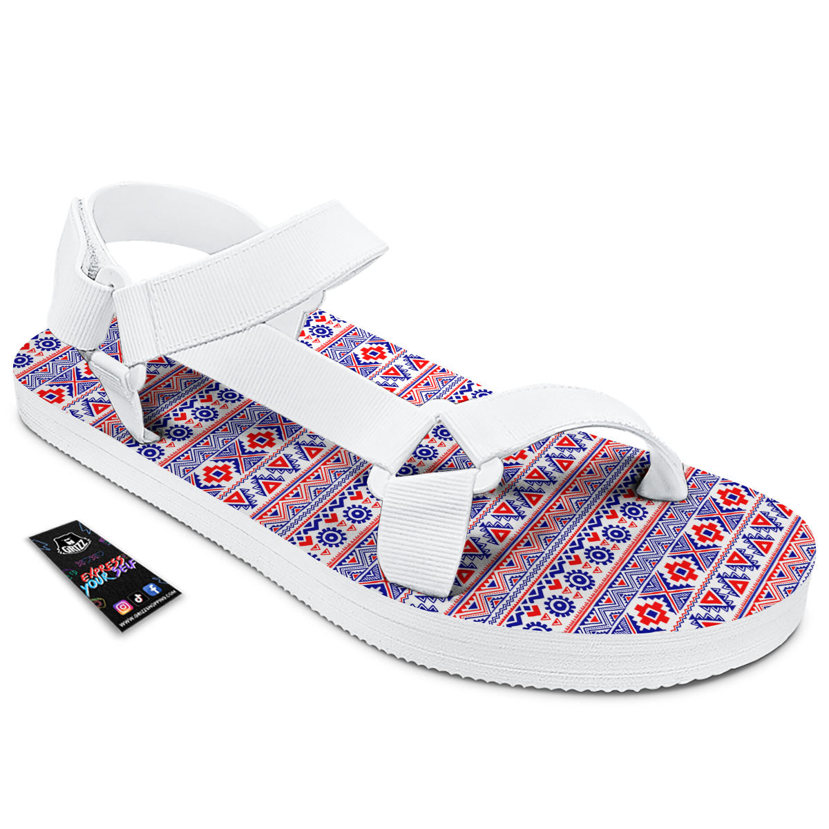 Aztec Red And Blue Print Pattern White Open Toe Sandals-grizzshop