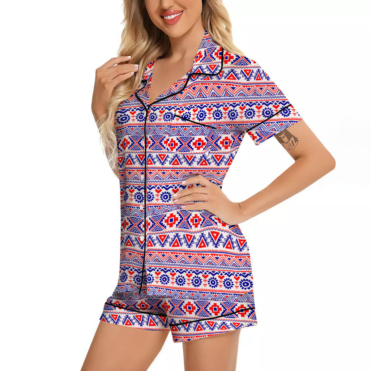 Aztec Red And Blue Print Pattern Women Silk Pajamas-grizzshop