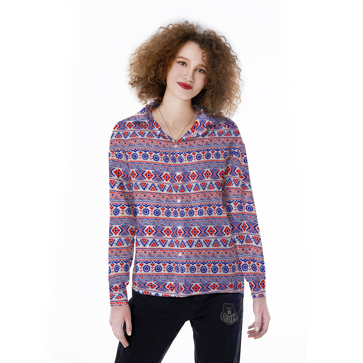 Aztec Red And Blue Print Pattern Women's Long Sleeve Shirts-grizzshop