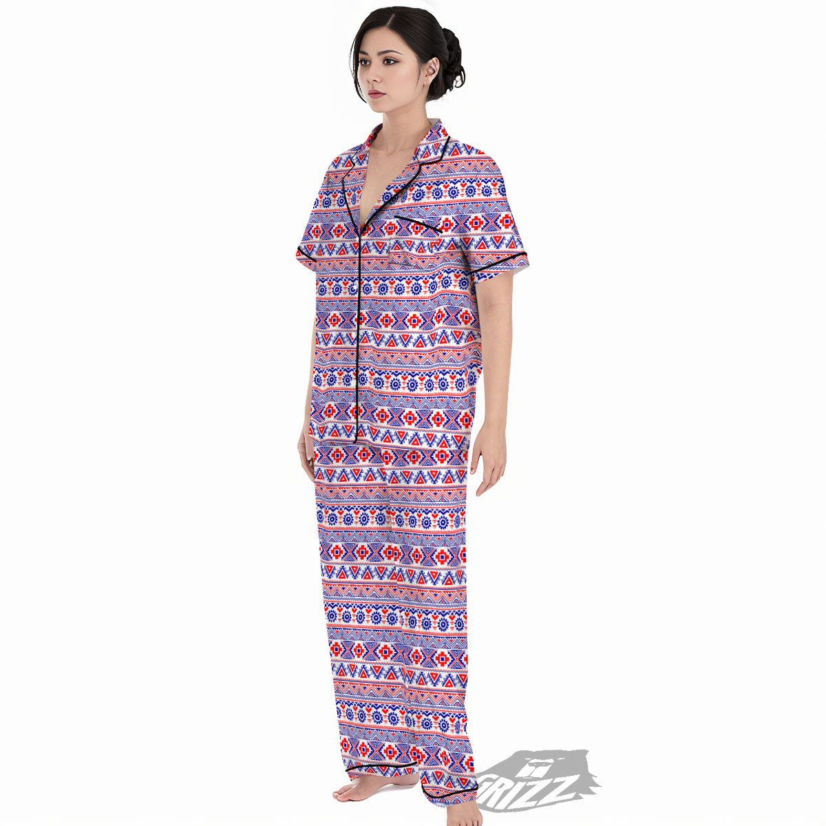 Aztec Red And Blue Print Pattern Women's Pajamas Set-grizzshop