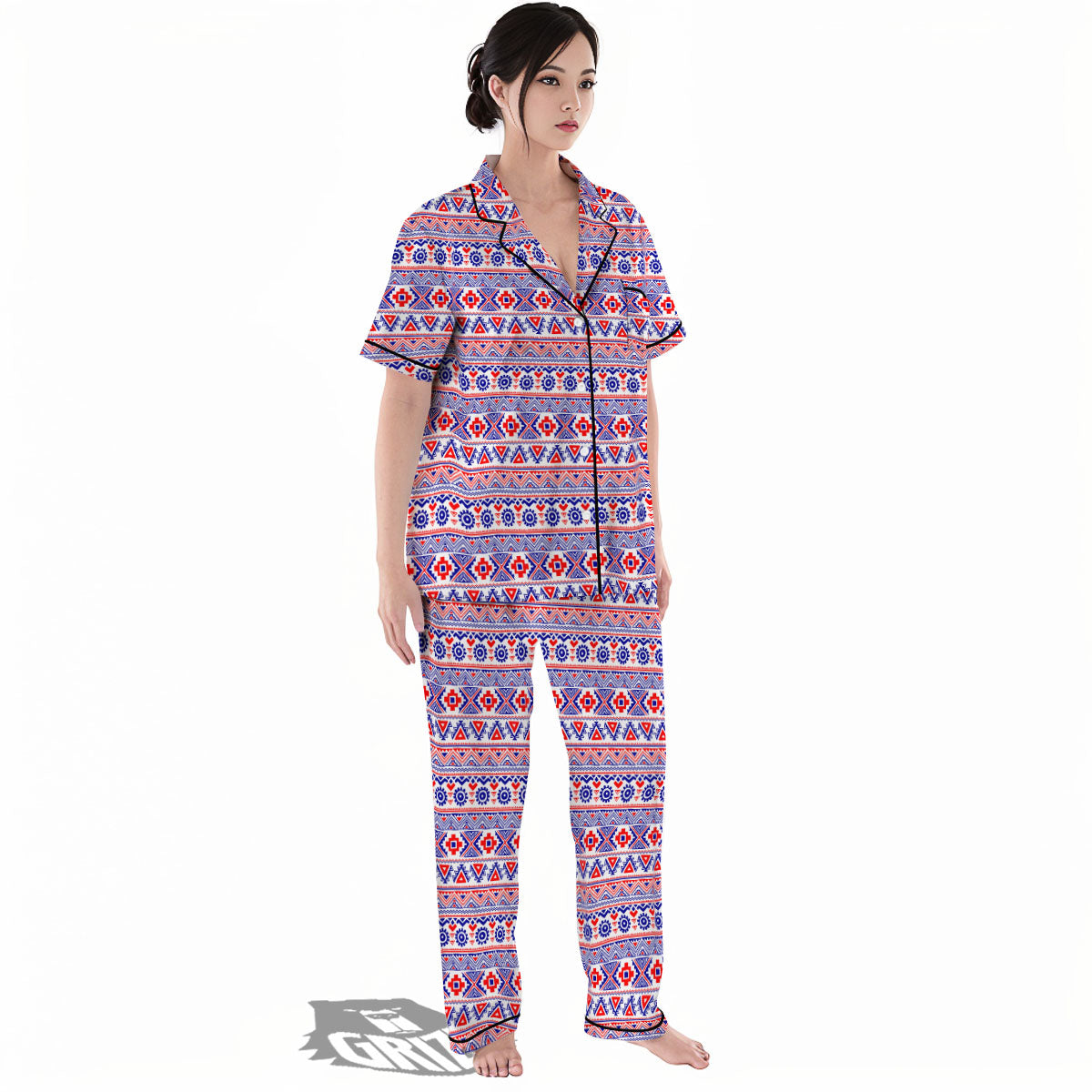 Aztec Red And Blue Print Pattern Women's Pajamas Set-grizzshop