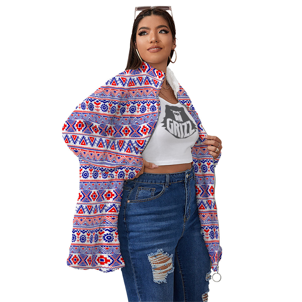 Aztec Red And Blue Print Pattern Women's Sherpa Jacket-grizzshop