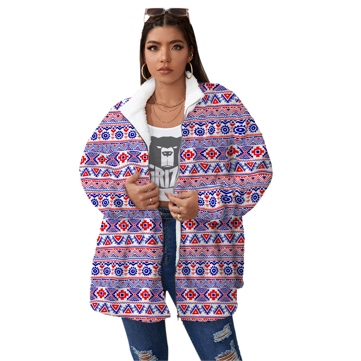 Aztec Red And Blue Print Pattern Women's Sherpa Jacket-grizzshop