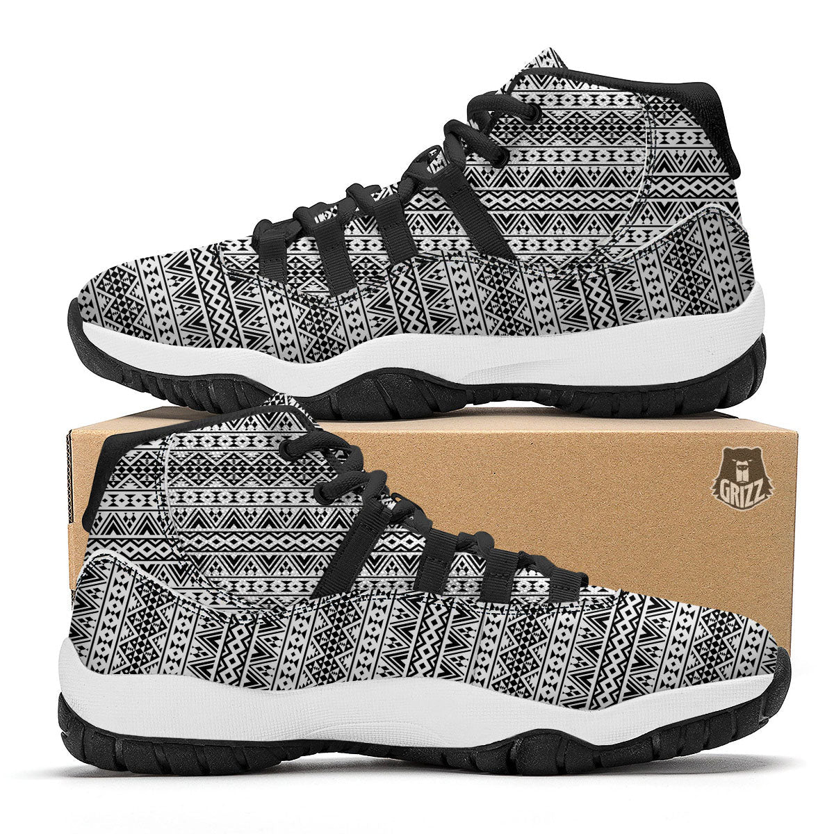Aztec Texture White And Black Print Pattern Black Bball Shoes-grizzshop