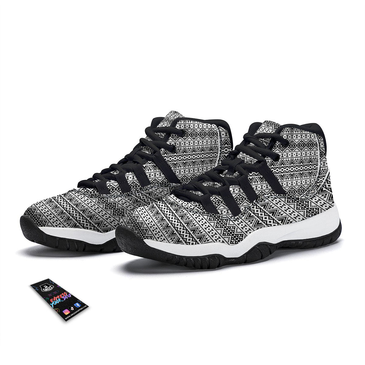 Aztec Texture White And Black Print Pattern Black Bball Shoes-grizzshop