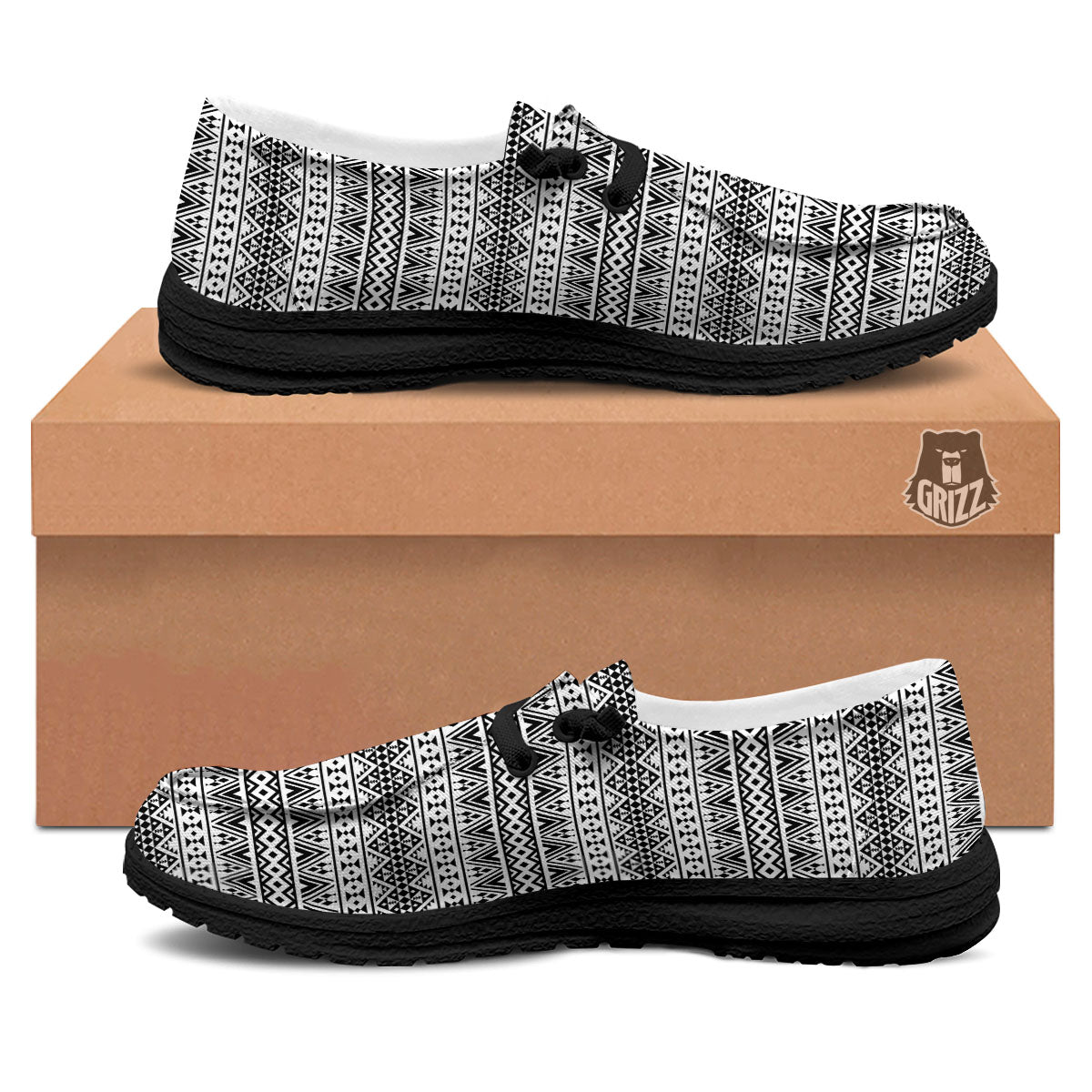 Aztec Texture White And Black Print Pattern Black Loafers-grizzshop
