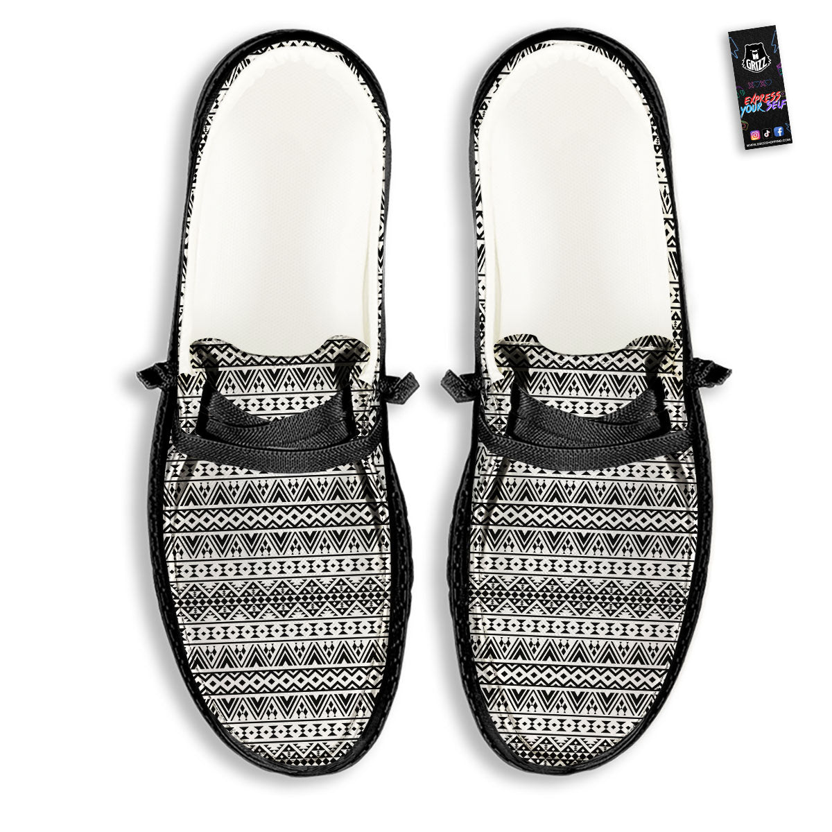 Aztec Texture White And Black Print Pattern Black Loafers-grizzshop