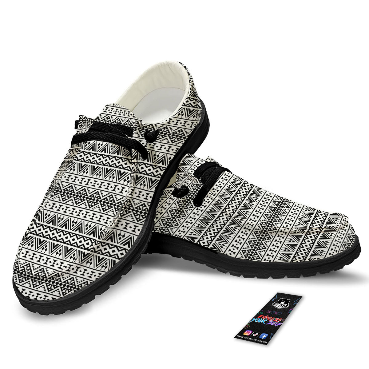 Aztec Texture White And Black Print Pattern Black Loafers-grizzshop